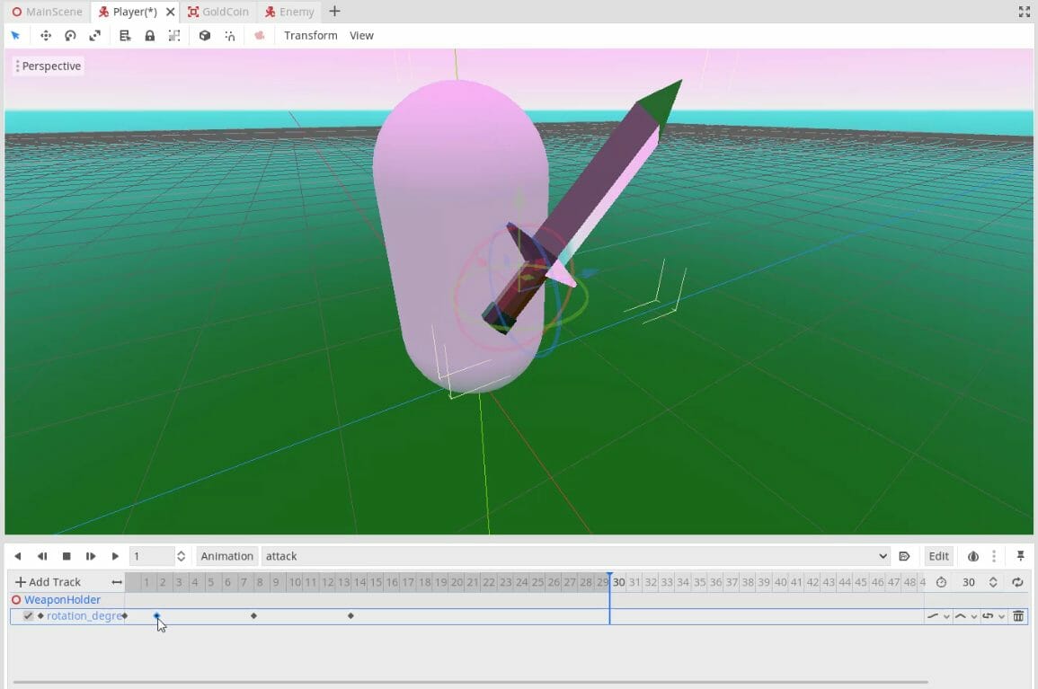 Godot Engine showing a 3D animation being made for a sword