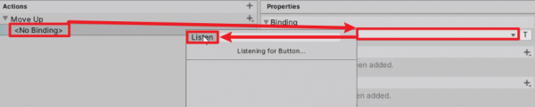 Move Up action showing no binding with a Listen button option