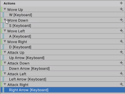 Various list of actions bound to different keyboard keys