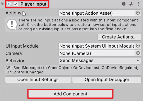 Player Input in Unity Inspector with Add Component button circled