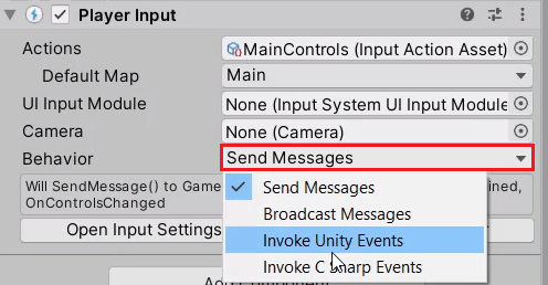 Unity Inspector with Behavior being changed to Invoke Unity Events
