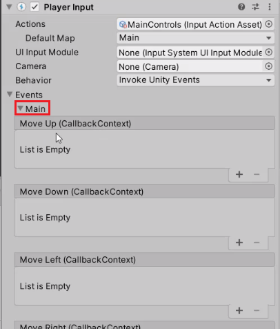 PlayerInput in Unity Inspector showing Events dropdown for Main