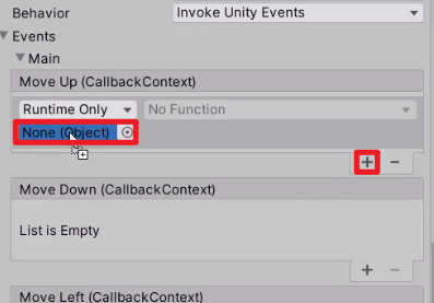 Unity Inspector with Move Up Event being added with + sign