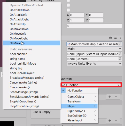 Unity Inspector with Functions pertaining to Player movement being selected