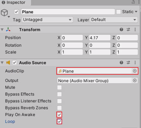Unity Inspector with Plane audio clip added and set for doppler effect