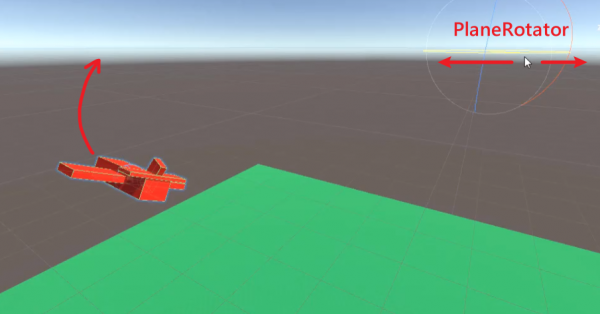 Unity editor showing the rotation origin for the plane rotator