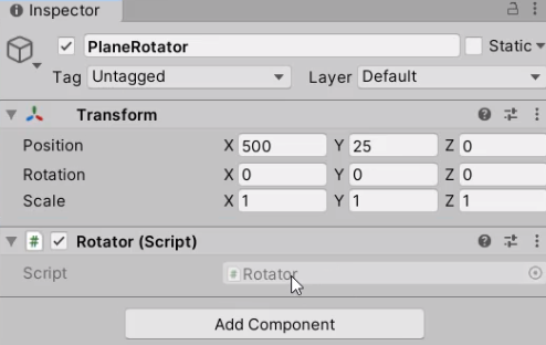Unity Inspector with Rotator script added to PlaneRotator object