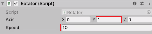 Rotator script with settings applied in the Unity Inspector