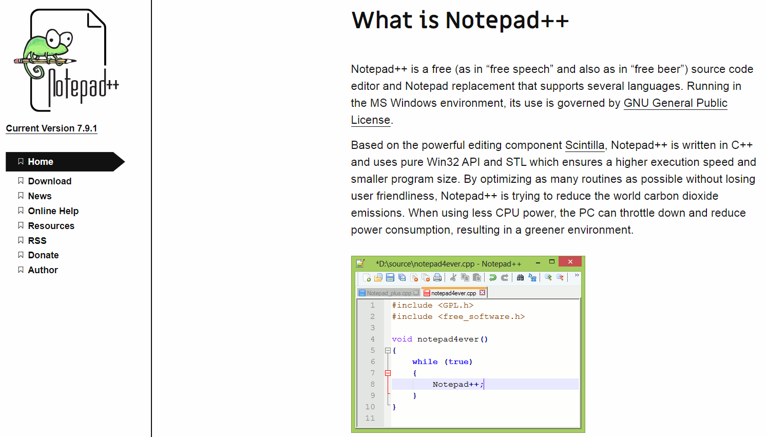 Screenshot of the notepad++ website