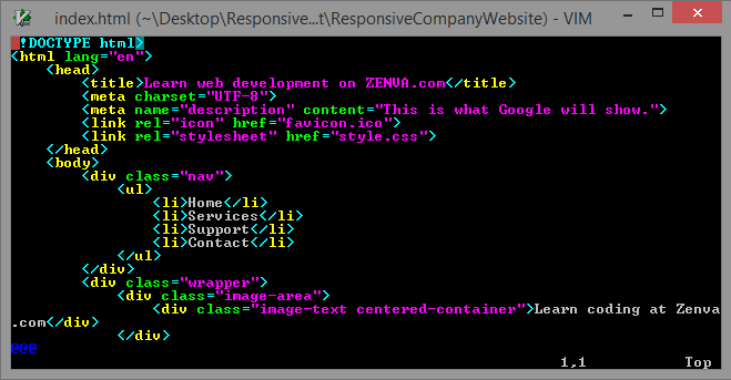 Screenshot of an HTML file open in VIM