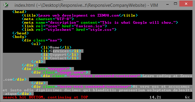 Screenshot of VIM showing searching in action