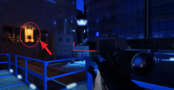 Screenshot of Mirror's Edge with lighted door showing the player the direction to go