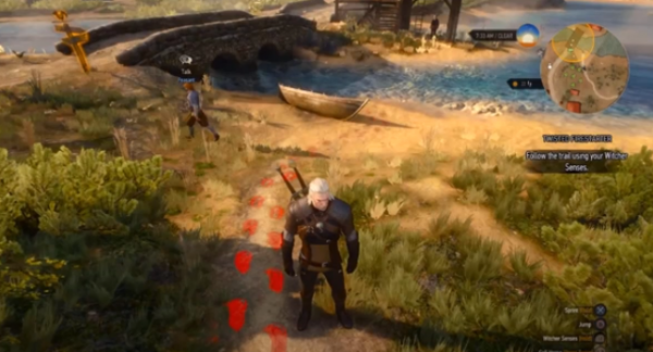Screenshot of The Witcher 3 showing red footprints guiding the player