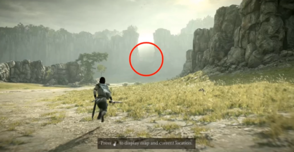 Screenshot of Shadow of the Colossus with a circle showing a point of interest in the distance