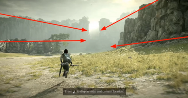 Screenshot of Shadow of the Colossus showing ridge lines guiding players to the intended destination