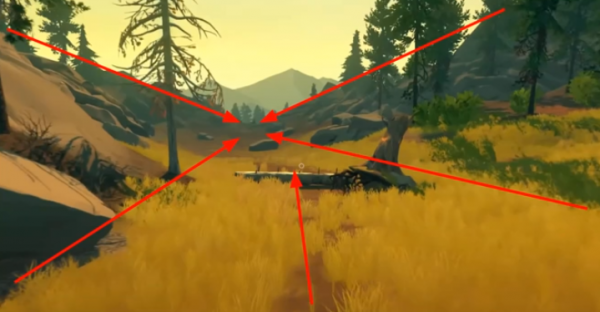 Screenshot of Firewatch with lines showing the point of interest in the background
