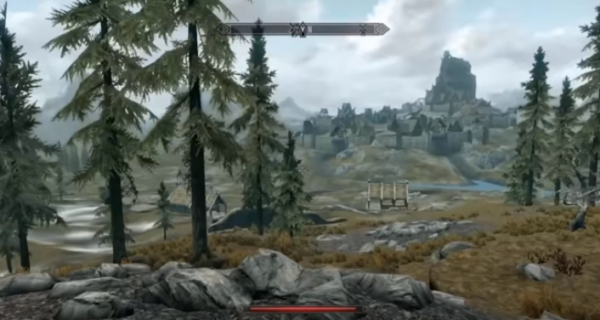 Screenshot of Skyrim with Whiterun in the distance