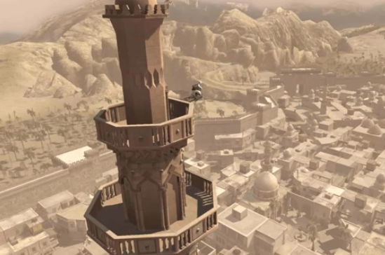 Screenshot of Assassin's Creed showcasing the player on a tower