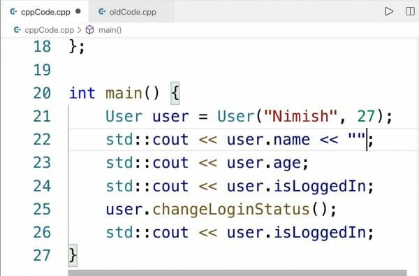 Demonstration of C++ code for user data structure