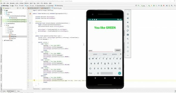 Android Studio with color selection app and emulator open