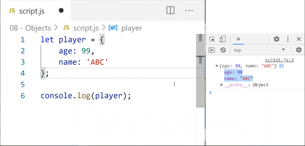 Code editor showing print example for JavaScript code