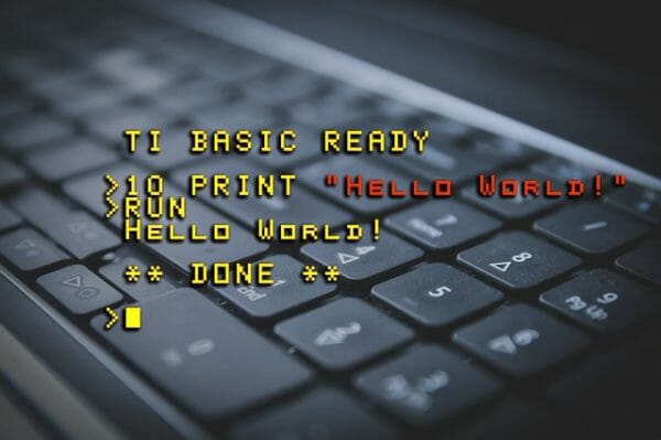 Keyboard with hello world print instructions overlaid on top of it