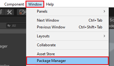 Unity Window menu with Package Manager selected