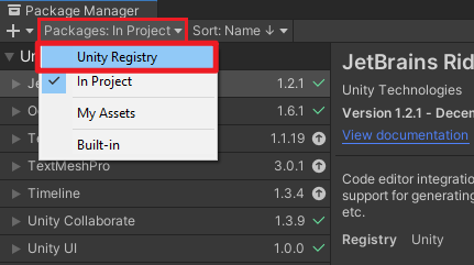 Unity Registry selected from Packages dropdown