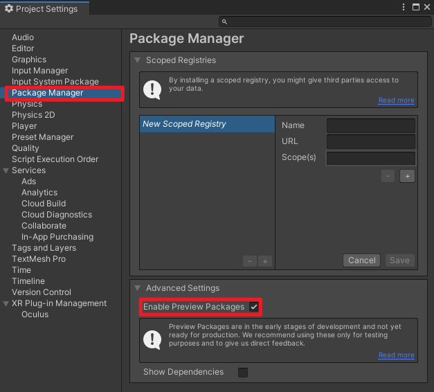 Enable Preview Packages option check in Unity Package Manager