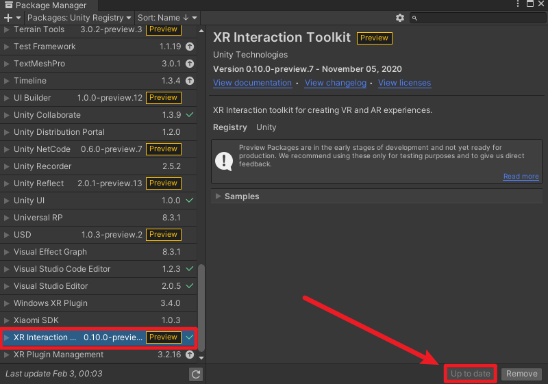 XR Interaction Toolkit in Unity Package Manager