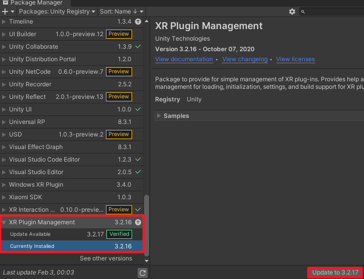 XR Plugin Management package in Unity package manager