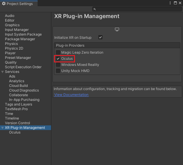 XR Plugin Management settings with Oculus checked
