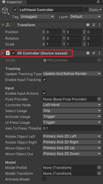 XR Controller Component in the Unity Inspector