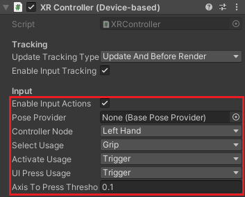 XR Input options for the XR Controller component