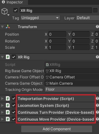 Scripts added to XR Rig component in Unity Inspector