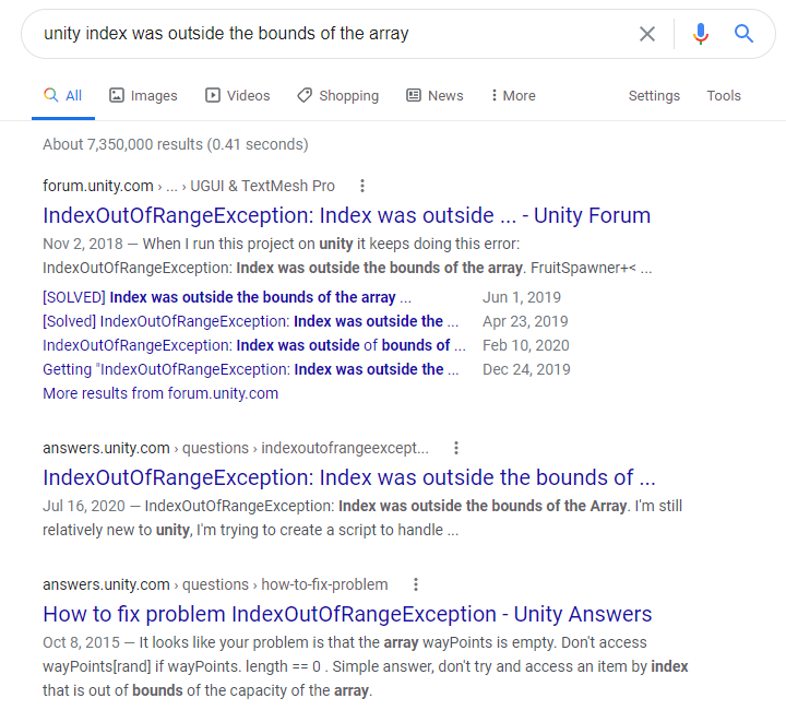 Screenshot of Google search results for Unity error search