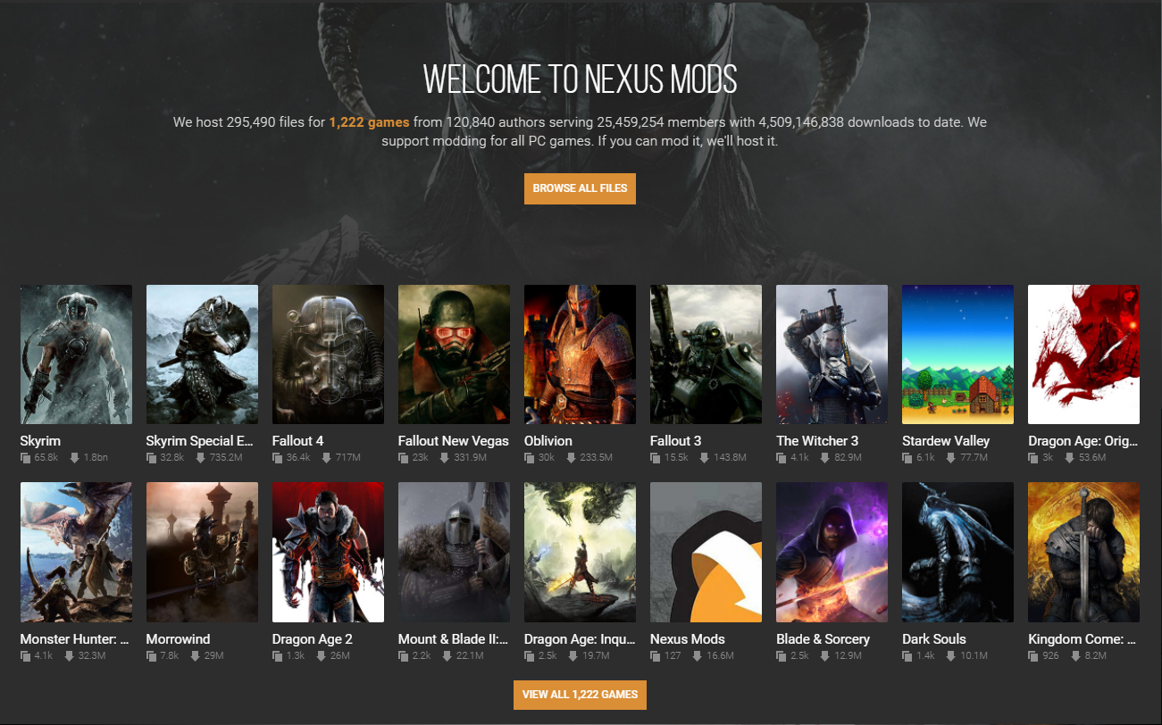 Screenshot of the homepage of Nexus Mods