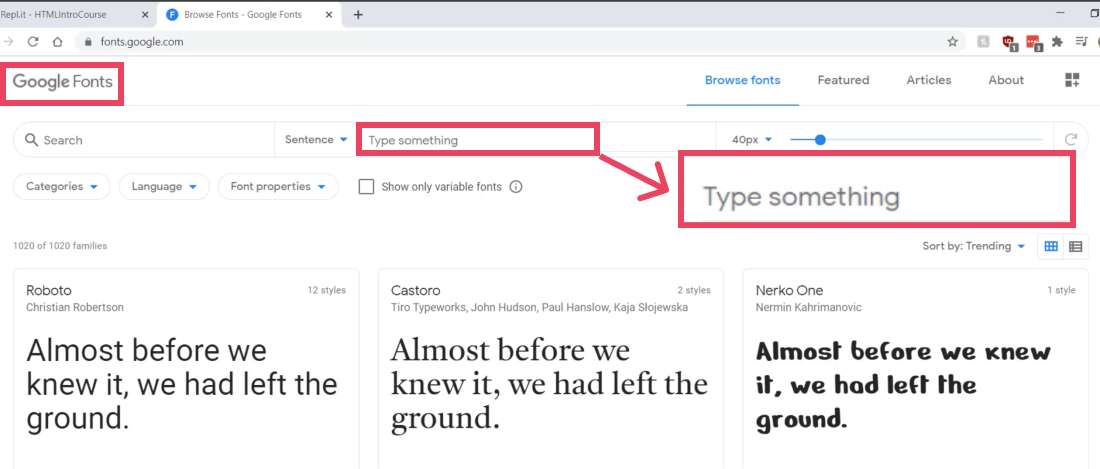 Screenshot of Google Fonts with Type something field highlighted