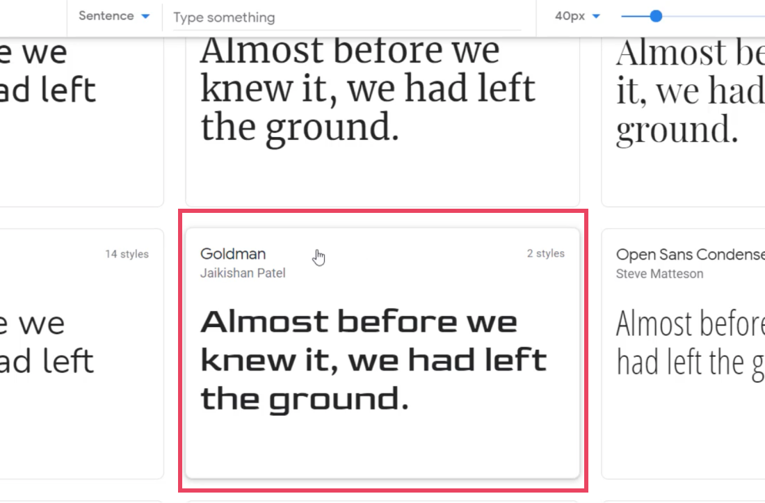 Google Fonts with Goldman font circled