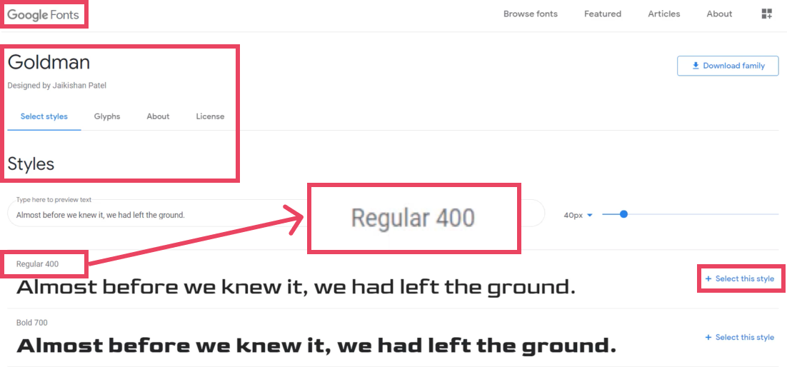 Goldman font on Google Fonts with Regular 400 selected