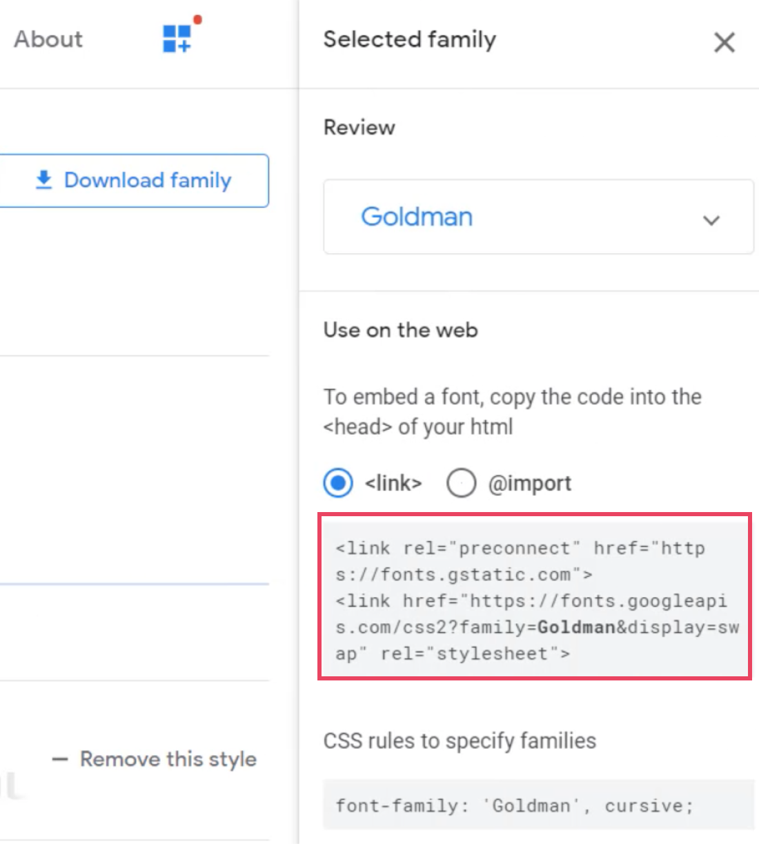 Google Fonts with link area circled for Selected family