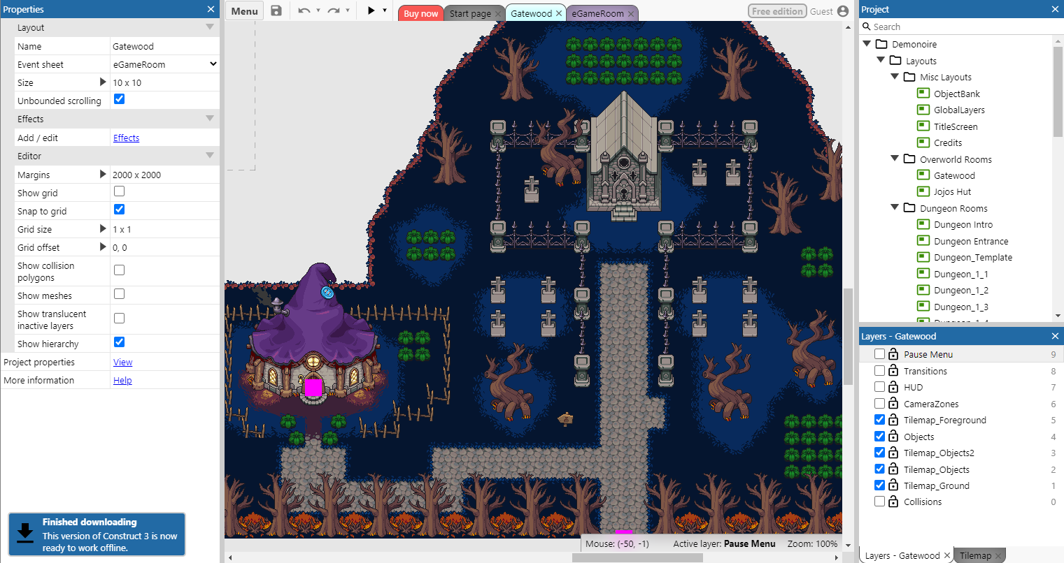 Screenshot of Demonoire sample game open in Construct 3
