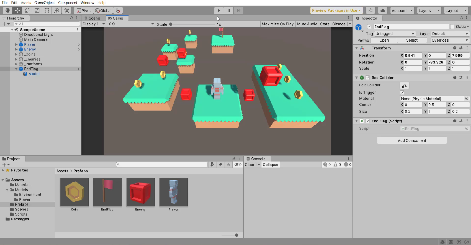Screenshot of the Unity engine with a 3D platformer game open