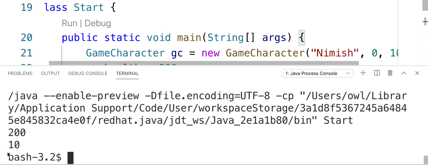 Screenshot of Java code example being run in VS Code Terminal