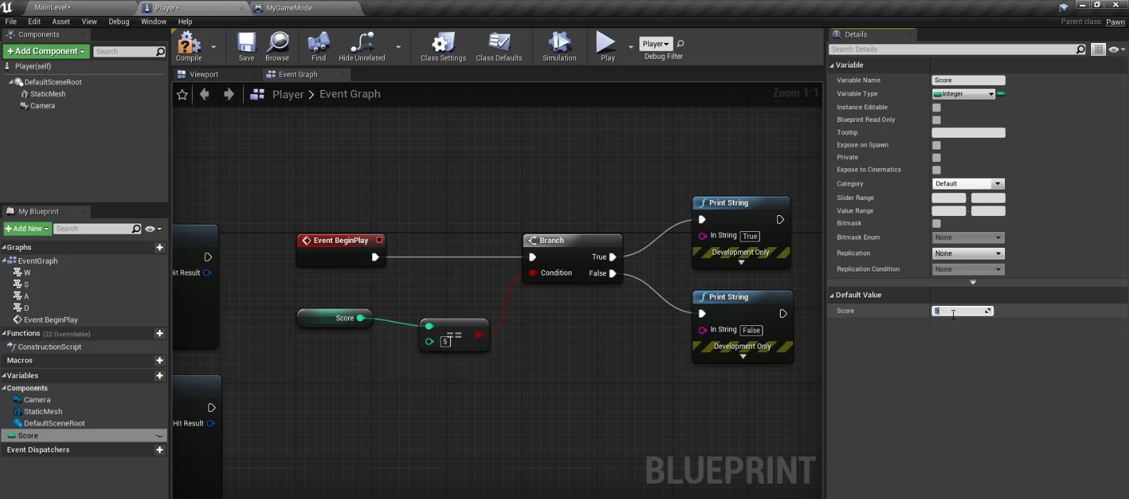 Conditionals demonstration with the Blueprints Visual Scripting system