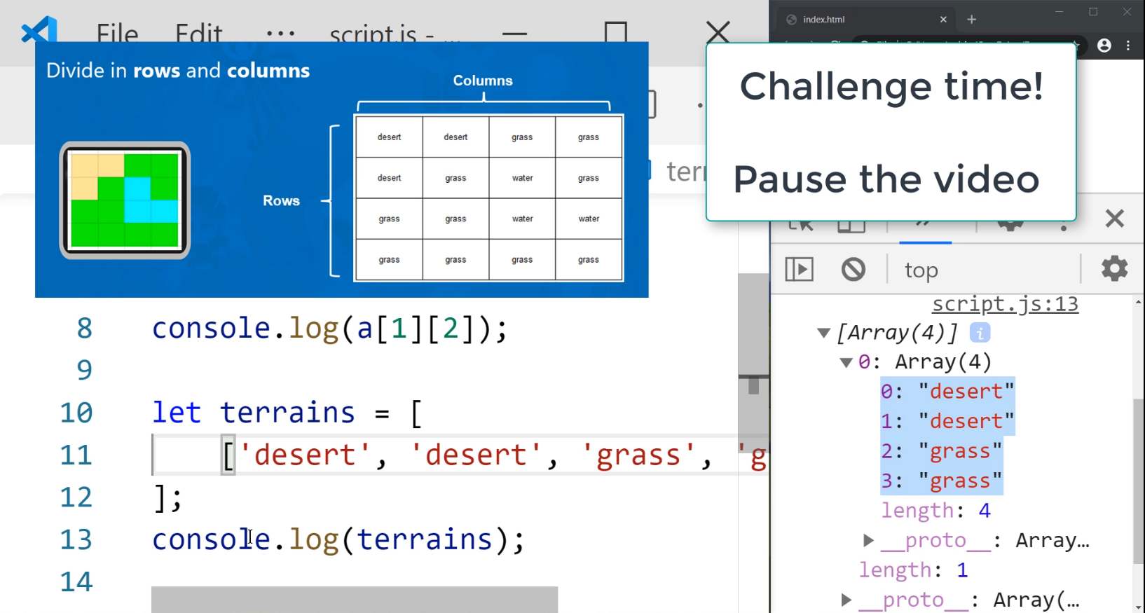 JavaScript coding class showing multi-dimensional array challenge