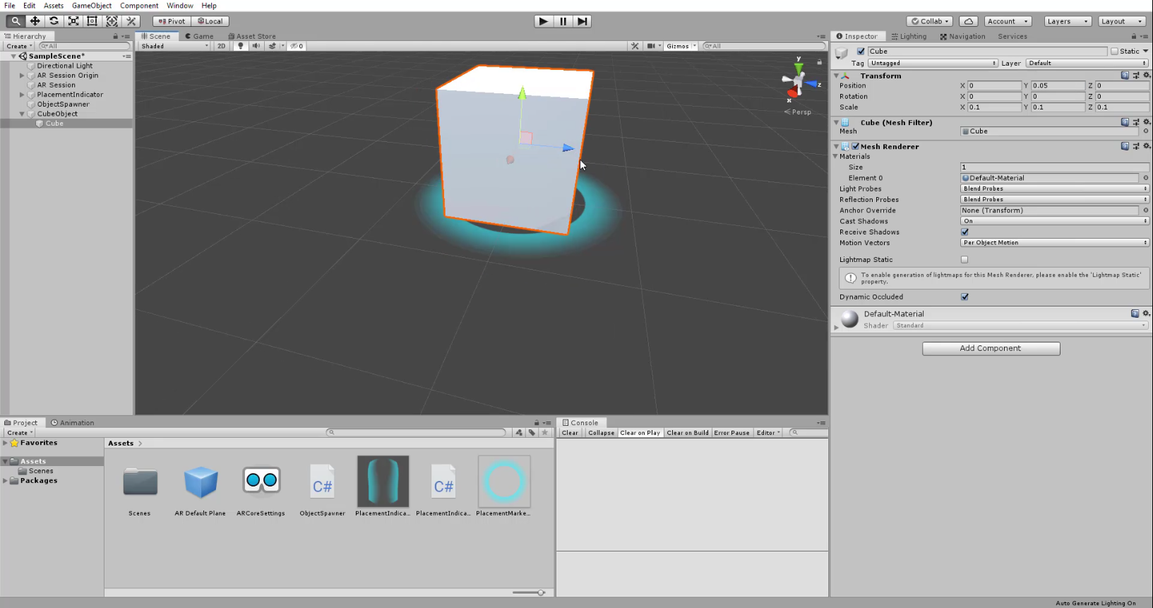 Box in Unity scene editor for AR app