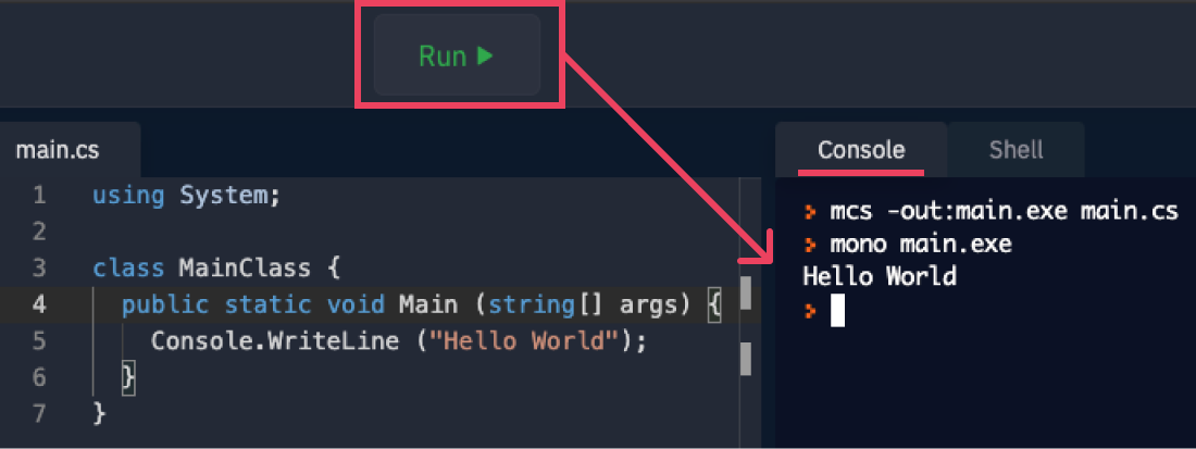 Image showing the Run Button and Console Output in the replit.com IDE