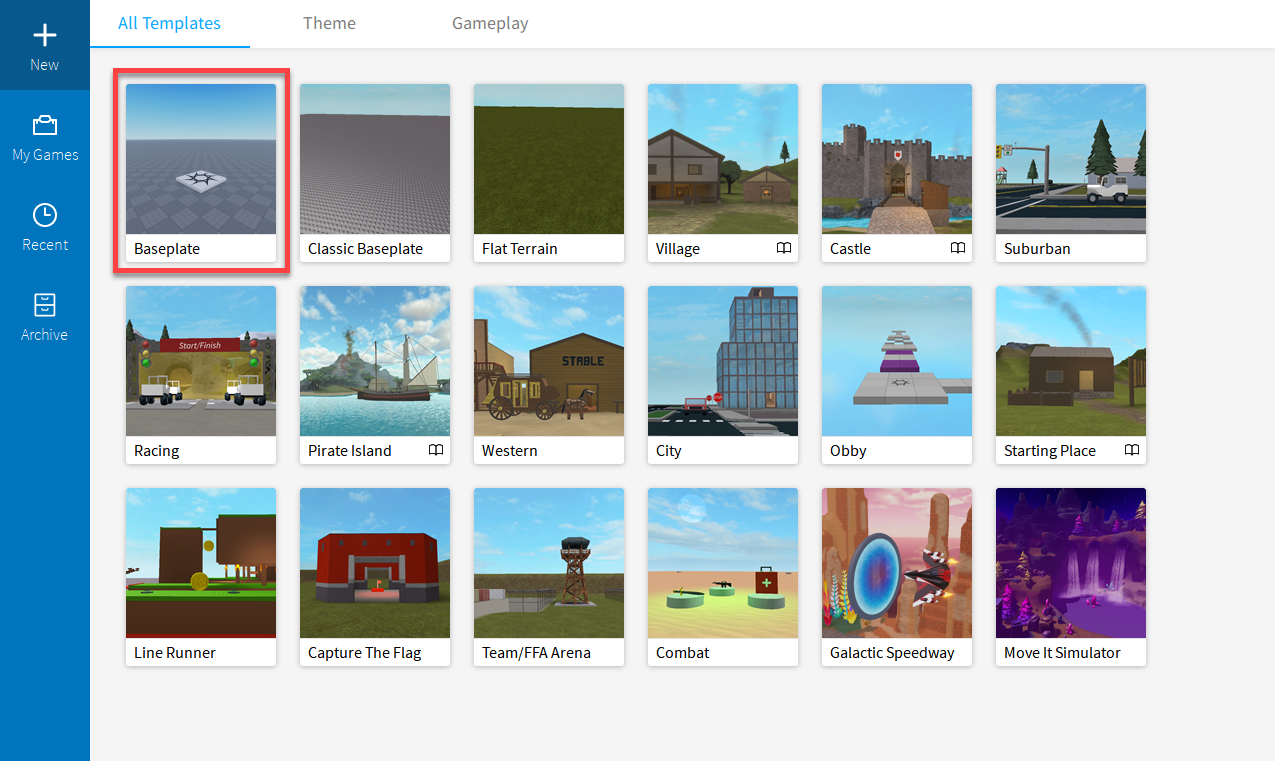 Roblox Studio templates with Baseplate selected