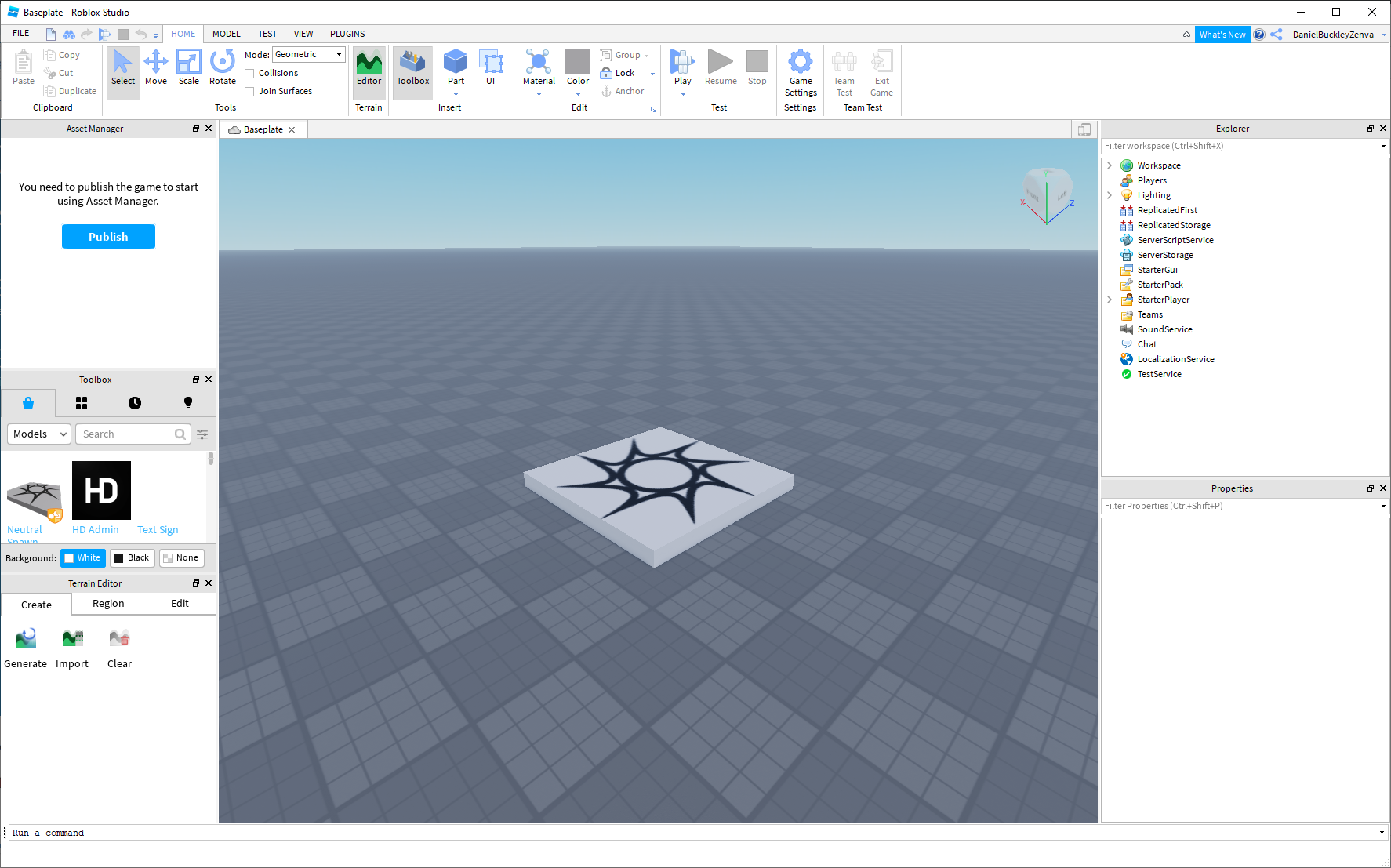 Roblox Studio Editor for a blank project
